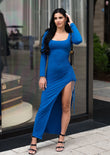 Karina Long Sleeves Ruched Maxi Dress - Blue