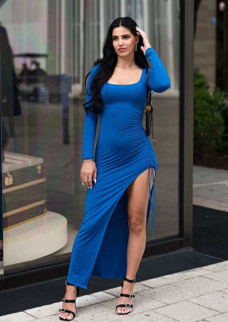 Karina Blue Ruched Maxi Dress - shoppegasi