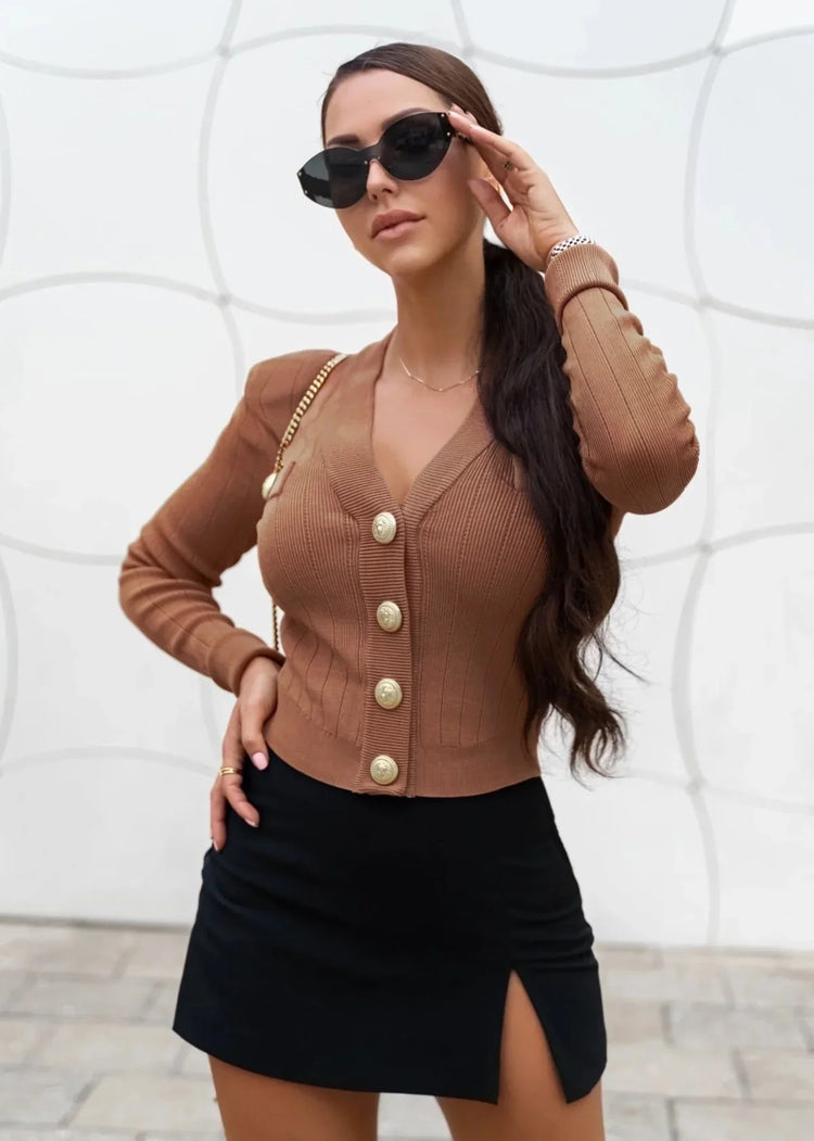 Brown Cropped Ribbed Knit Cardigan - shoppegasi
