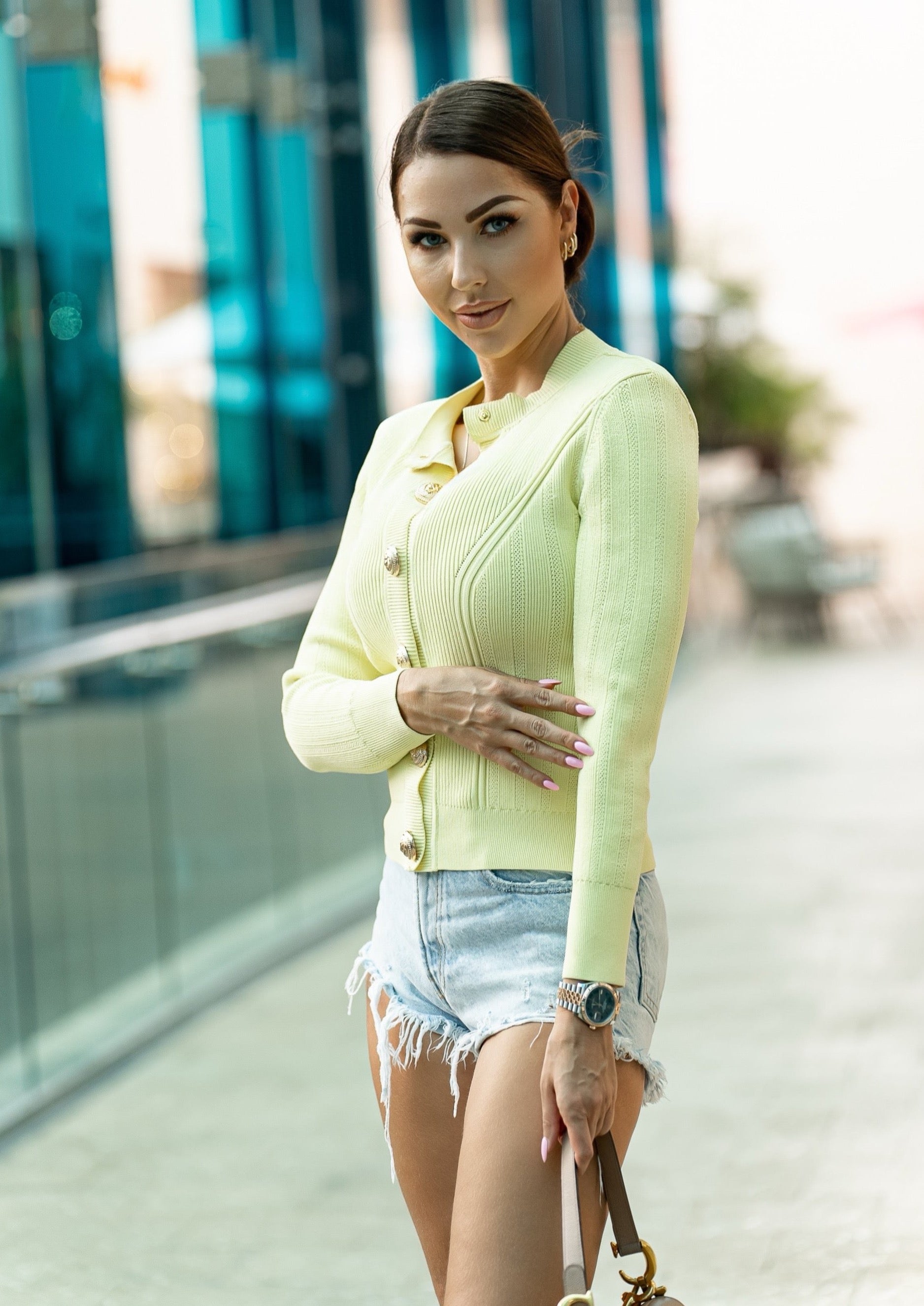 Ribbed Knitted Cardigan - Yellow Lime