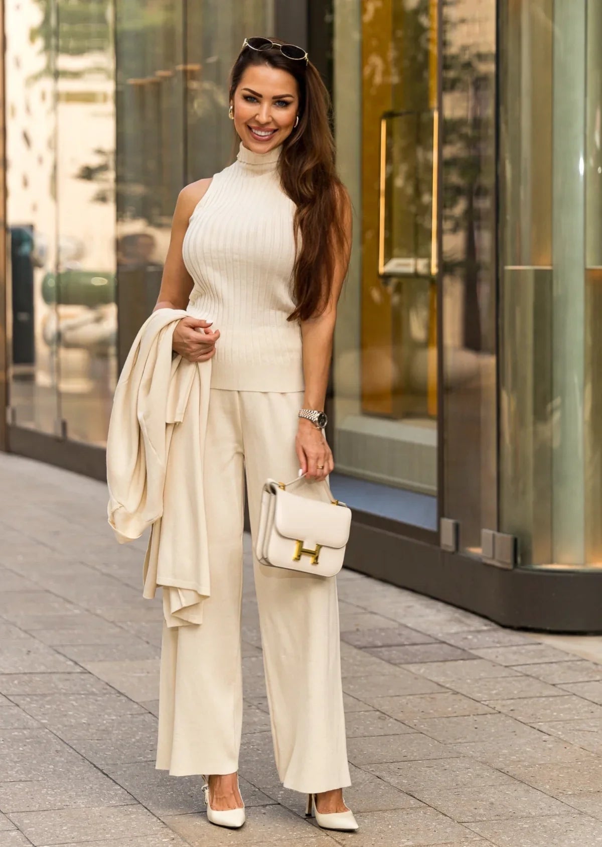Ivory knitted pants set with matching top and cardigan