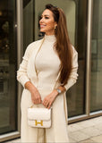 Ivory knitted top and long cardigan set with high-rise joggers