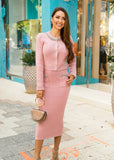 Elegant pink knit skirt set perfect for casual and evening wear