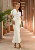 Stylish white pointelle knit set featuring a midi skirt and short sleeve cardigan, perfect for casual or layered looks in warm weather. Comfortable and easy to wear.