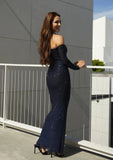 Midnight navy maxi dress featuring crystal embellishments and an elegant design