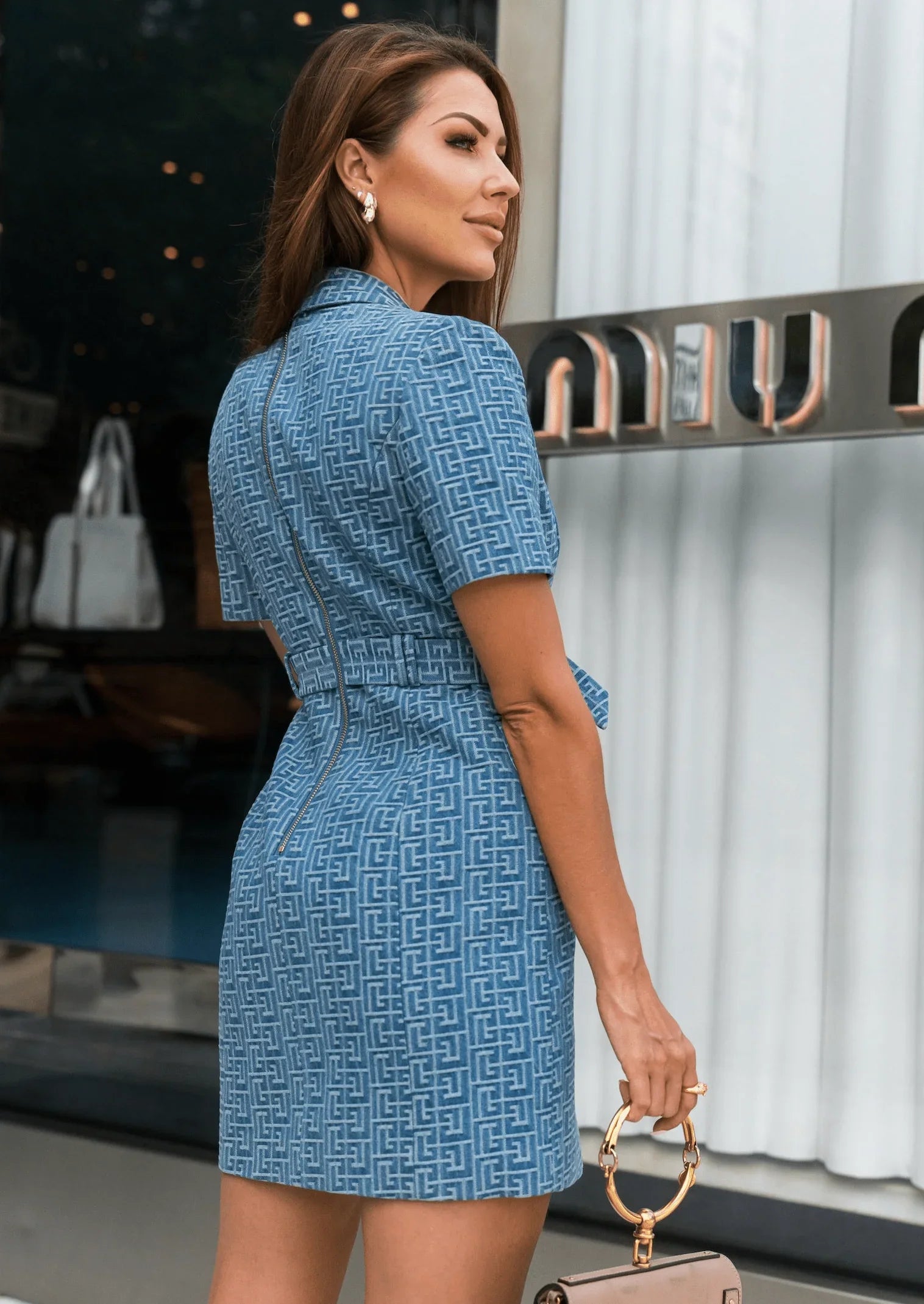 Monogram Denim Belted Dress – Women’s Stylish Fit M Monogram Denim Belted Dress – Women’s Stylish Fit M