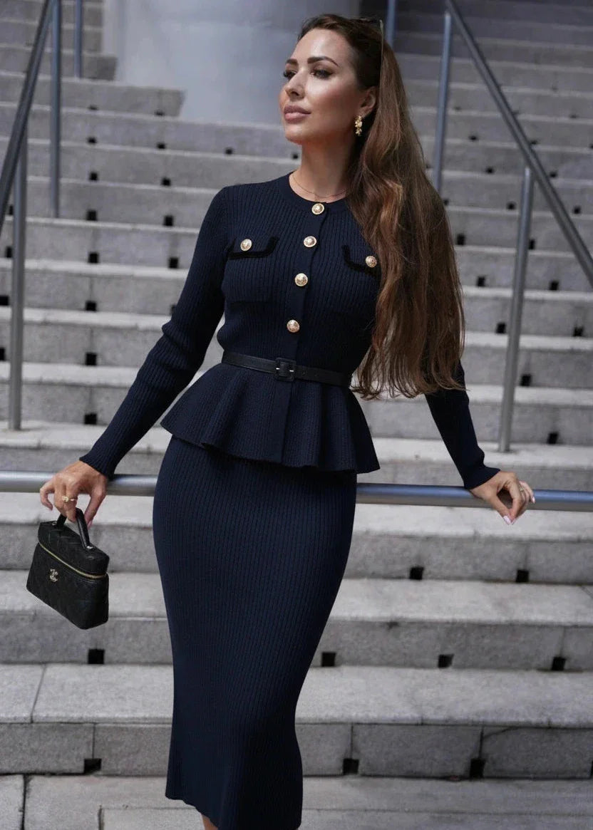 Navy Ribbed Knit Peplum cardigan paired with matching midi skirt set from Shop Pegasi