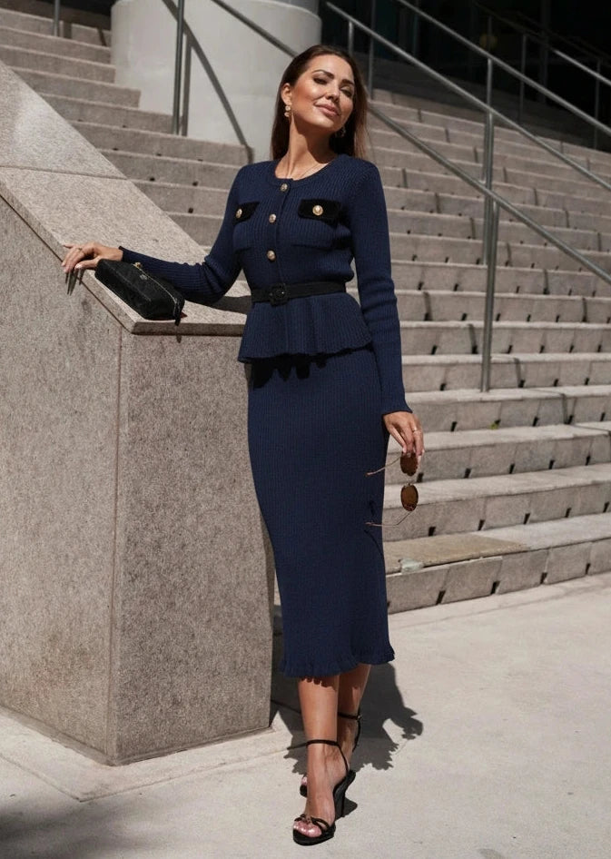 Navy ribbed knit peplum cardigan and matching midi skirt set, Cyber Monday deal.