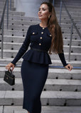 Navy ribbed knit peplum cardigan paired with matching midi skirt set from Shop Pegasi, Cyber Monday offer.