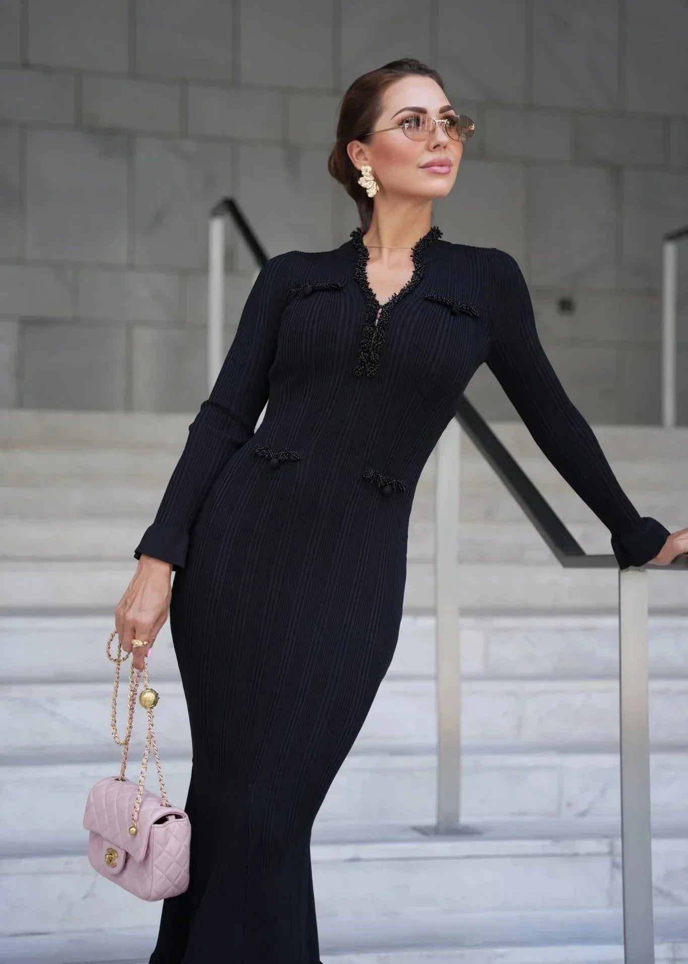 Elora Ribbed Midi Dress in Noir Black - PEGASI S Elora Ribbed Midi Dress in Noir Black - PEGASI S