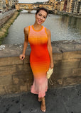 Sunset orange knit midi dress with ombre fade and ribbed texture, sleeveless Fiorella fit