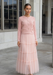 Blush pink knit cardigan with pearl buttons and matching tiered tulle maxi skirt from shoppegasi.