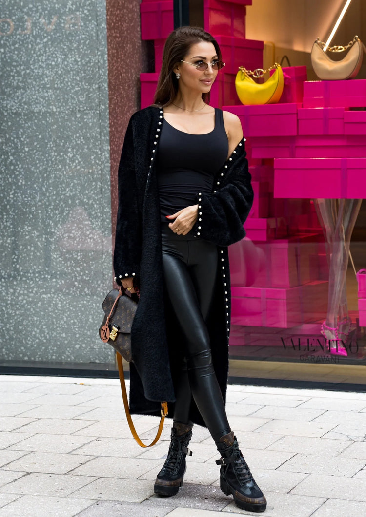 Black Pearly Knit Cardigan Coat - shoppegasi