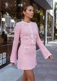 Pink Bow Detail Knit Cardigan & Skirt Set – Soft Elegant Two-Piece