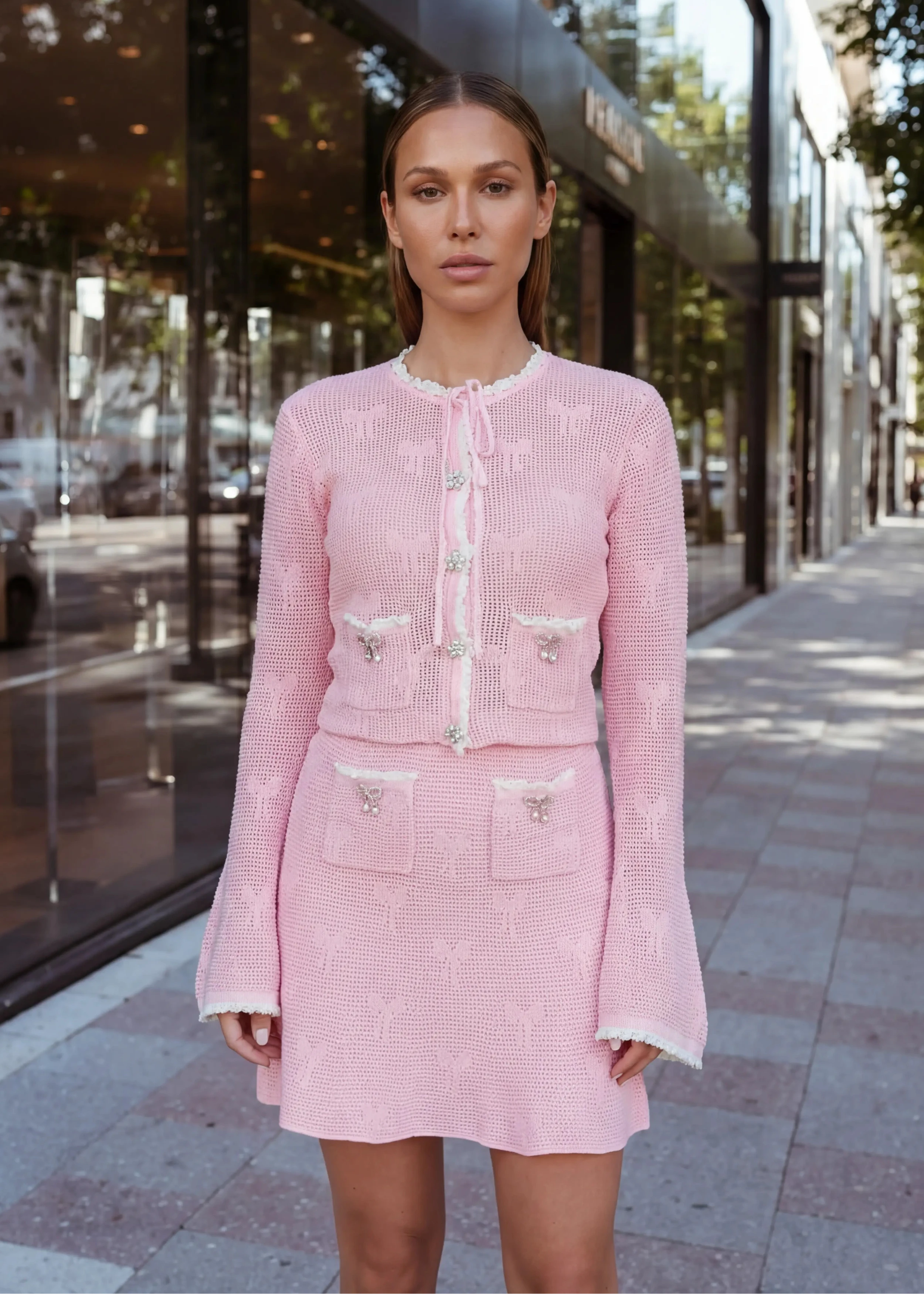 Pink Bow Detail Knit Cardigan & Skirt Set – Soft Elegant Two-Piece