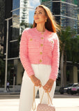 Trendy Pink Knit Jacket-Style Cardigan with Tailored Fit, Fringe Trim, and Gold Button