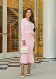  A timeless two-piece knitwear set featuring a soft pink midi skirt and a matching cardigan with delicate pointelle detailing.