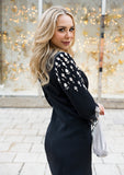 The perfect party outfit – black blazer dress with a sleek satin finish and glistening crystals."