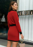 Red knit cardigan and skirt set with black trim, stylish two-piece outfit from Pegasi.