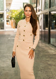 Elegant Serena ribbed knit outfit from ShopPegasi featuring a ribbed button cardigan and high-waist skirt for versatile styling