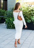 white long sleeve dress, cozy maxi dress, knit fashion trends, off-the-shoulder winter dress, luxury white dress, ShopPegasi fall collection, elegant cold-weather wear