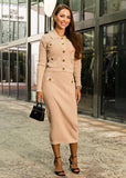 Chic Serena ribbed knit co-ord at ShopPegasi with a ribbed button cardigan and coordinating skirt for day-to-night modern looks.
