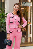 Pink Tweed Knit Cardigan & Wide-Leg Pants Set - PEGASI