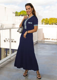 Elegant navy maxi dress from Shoppegasi with contrast textures