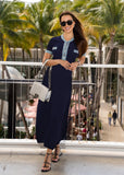 Casual two-tone navy maxi dress with knit top and denim skirt by Shoppegasi