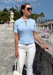 "Women's Skyline Blue polo top with tailored fit and short sleeves"