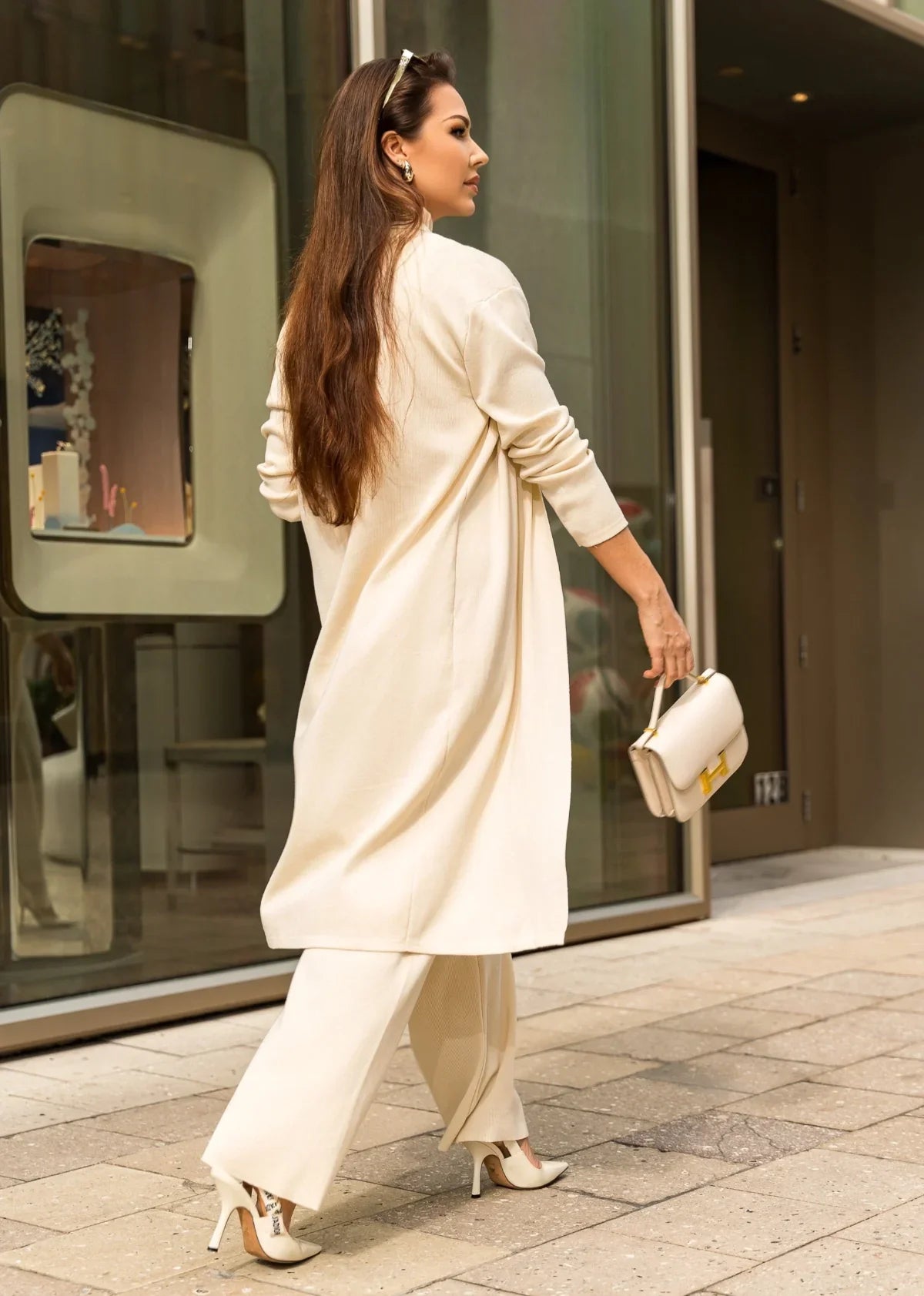 Soft knit ivory three-piece pants set for cozy winter fashion