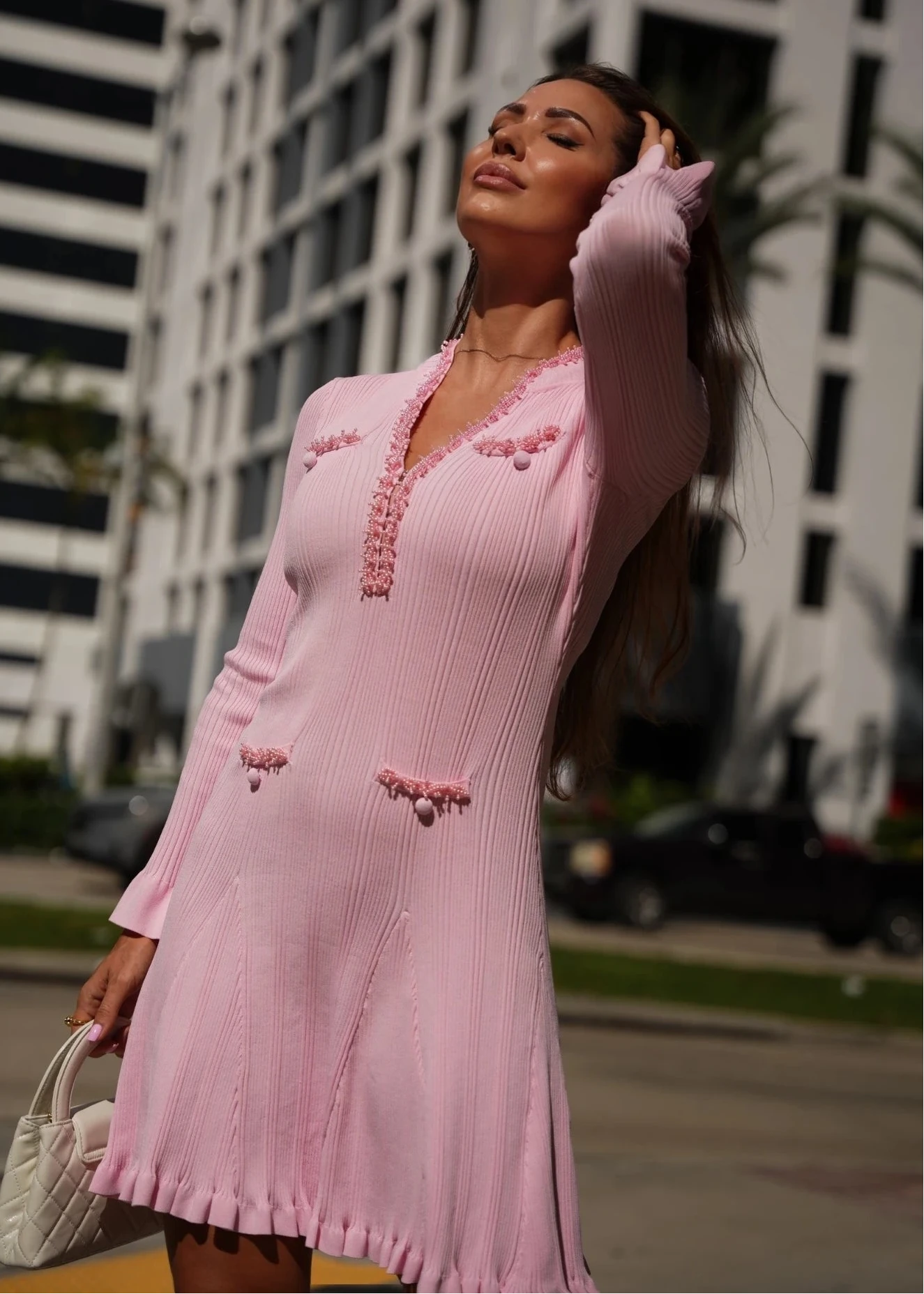 Chic Valentina Ribbed Knit Mini Dress in Soft Pink – Comfortable and flattering fit, perfect for day or evening wear