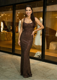Sparkling chocolate brown maxi dress with sequins for formal events and celebrations