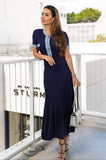 Trendy Shoppegasi maxi dress, navy with fitted knit and flowy denim