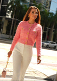 Pink Knit Jacket-Style Cardigan with Fringe and Gold Button – Perfect for Casual Elegance