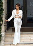 Stunning white blazer and pants suit set with delicate crystal embellishments