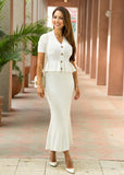 White Pointelle Knit Midi Skirt & Short Sleeve Cardigan Set – Stylish & Comfortable