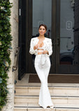 White blazer and pants suit
Crystal-embellished white suit
Elegant women’s white blazer suit Make a lasting impression with this white blazer and pants suit with crystal detailing.