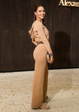 Shoppegasi women’s beige knit tracksuit in monogram style with hoodie and pants set