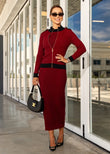 Elegant ribbed Bordeaux knit midi dress with coordinating cardigan