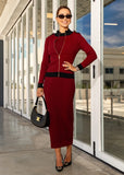 Elegant ribbed Bordeaux knit midi dress with coordinating cardigan
