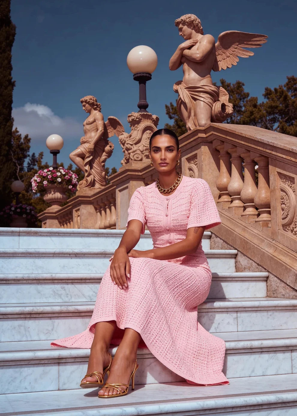 Beatrice Pink Pointelle Knit Midi Dress | PEGASI