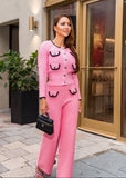 Pink Tweed Knit Cardigan & Wide-Leg Pants Set - PEGASI