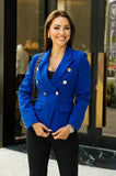 Stylish royal blue double-breasted blazer for women featuring a polished professional look.