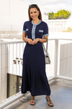 Zoe Knit and Denim Maxi Dress in Navy Blue with sleeveless top and flared skirt