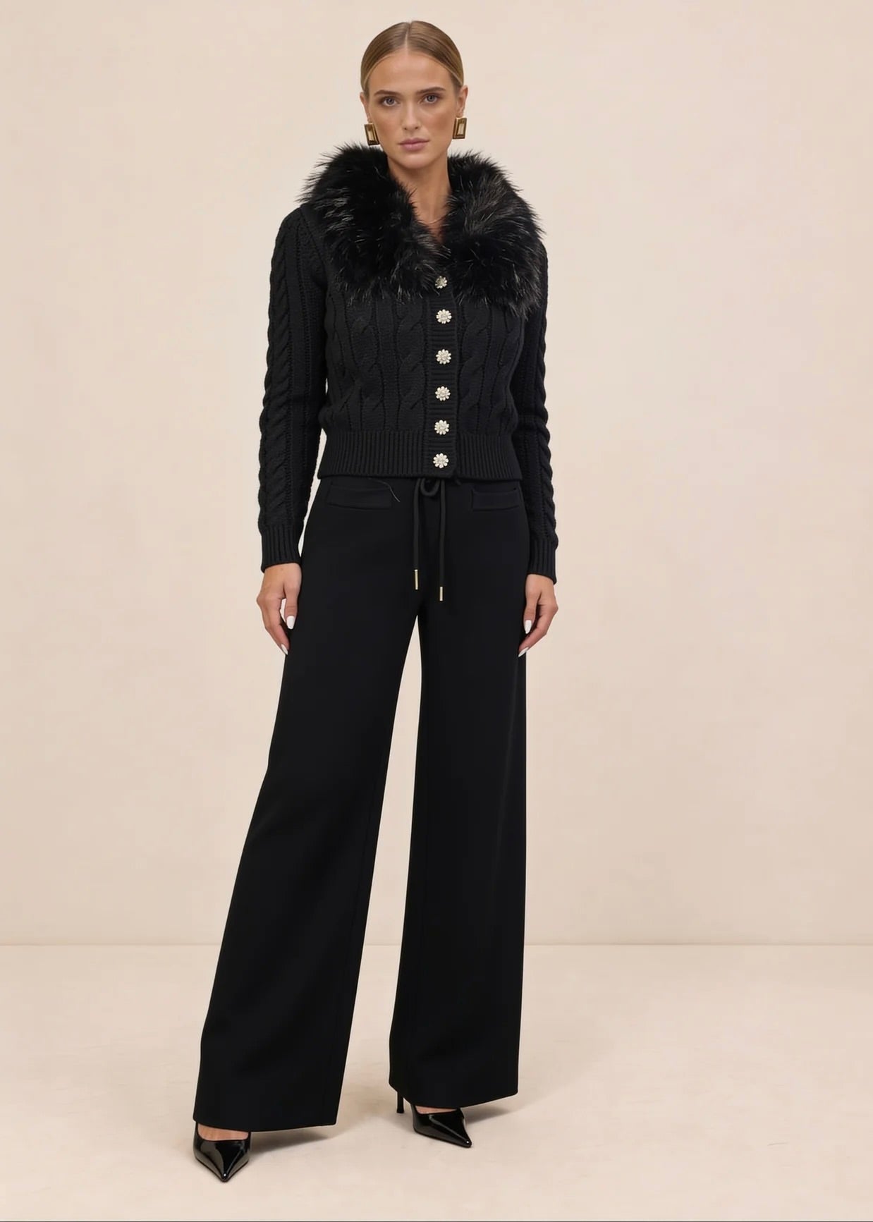 PEGASI black cable knit cardigan and wide-leg pants set with detachable faux fur collar, front view