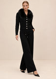 Black cable knit cardigan and wide-leg pants set, full length front view
