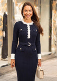 Black knit maxi dress with white lace collar