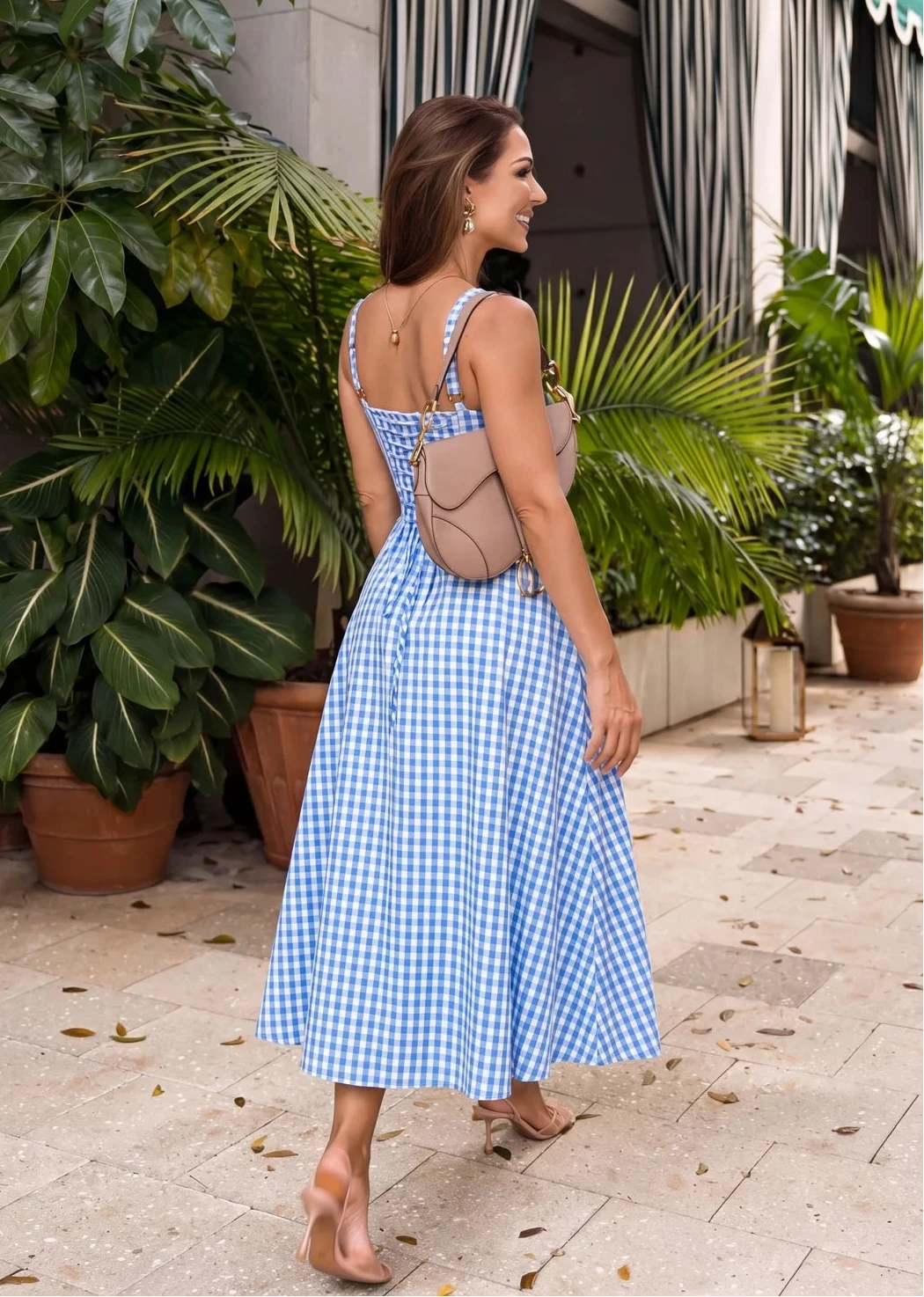 Blue Gingham Corset Midi Dress with Slit | Elegant Summer Dress S Blue Gingham Corset Midi Dress with Slit | Elegant Summer Dress S