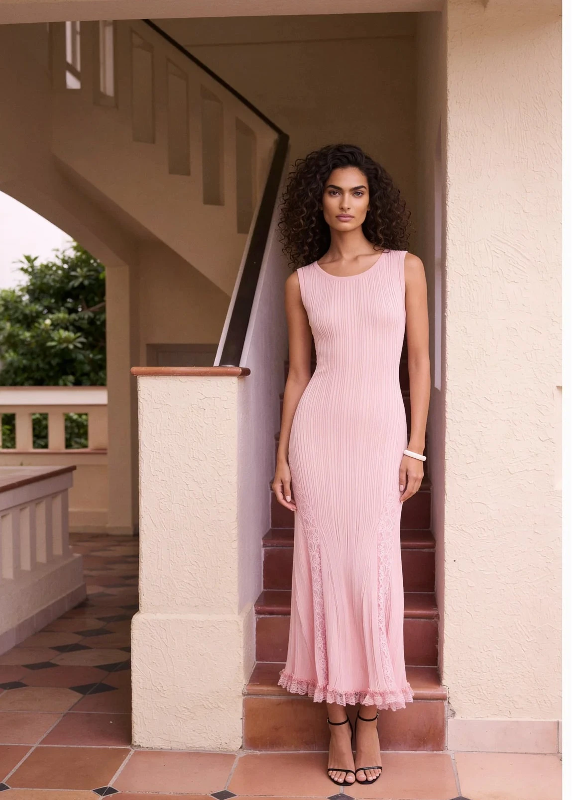 Blush pink lace hem midi dress in soft ribbed knit with a flattering fitted silhouette and feminine flare.